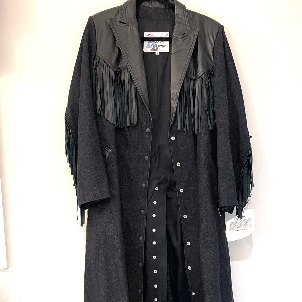 Vtg Diamond Denim Leather Duster Fringe Coat Size S